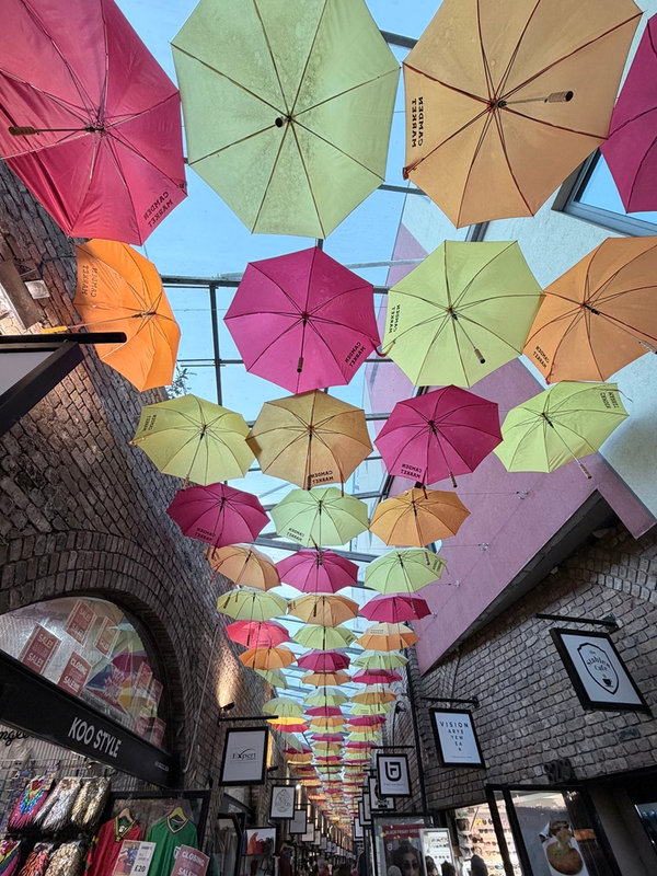 Colourful umbrellas over a lane